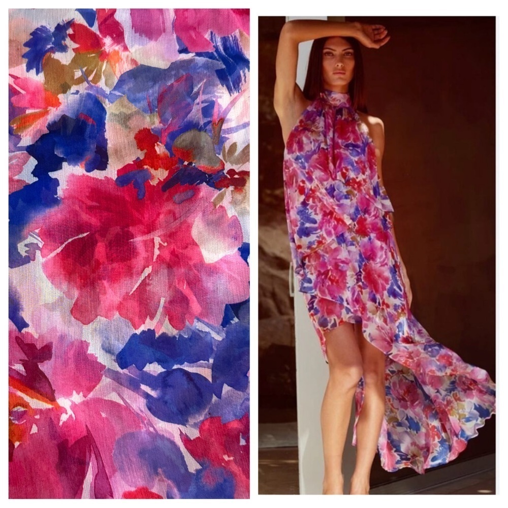 Misa Los Angeles Pink Purple Floral High-Low Asymmetrical Chiffon Halter Dress